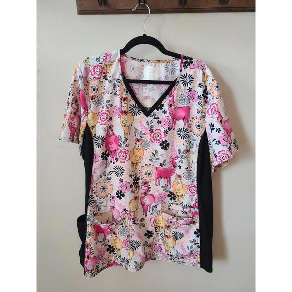 Cherokee Women's Scrub Top Llamas Flowers Print Size 2XL - Picture 1 of 10